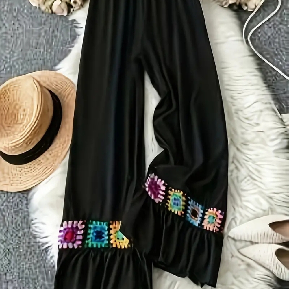 Bohemian Black Wide-Leg Pants Colorful Patch Embrodery Square Accents. Wide Leg.